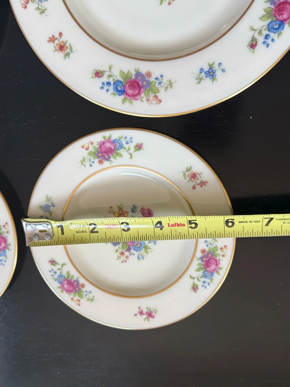 Lenox Floral Rose Bone China Dinner Plates in Pink, Blue and Gold Trim